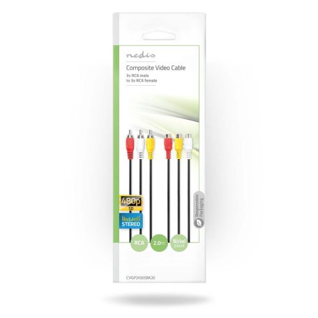 Kompozit Video kábel | 3x RCA Dugasz | 3x RCA Aljzat | Nikkelezett | 480p | 2.00 m | Kerek | PVC | Fekete | Boríték