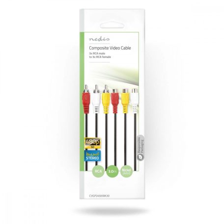 Kompozit Video kábel | 3x RCA Dugasz | 3x RCA Aljzat | Nikkelezett | 480p | 3.00 m | Kerek | PVC | Fekete | Boríték