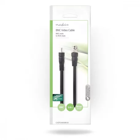 BNC Video kábel | BNC Dugasz | RCA Dugasz | Nikkelezett | 75 Ohm | 3.00 m | Kerek | PVC | Fekete | Boríték
