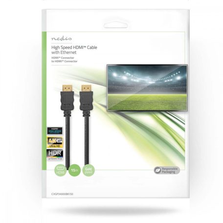 Nagy Sebességű HDMI ™ kábel Ethernet | HDMI™ Csatlakozó | HDMI™ Csatlakozó | 4K@30Hz | ARC | 10.2 Gbps | 15.0 m | Kerek | PVC | Fekete | Boríték