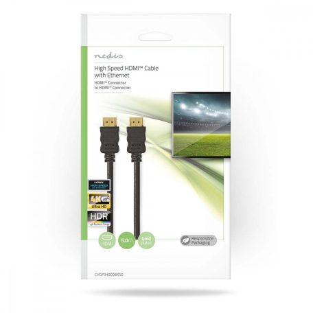 Nagy Sebességű HDMI ™ kábel Ethernet | HDMI™ Csatlakozó | HDMI™ Csatlakozó | 4K@30Hz | ARC | 10.2 Gbps | 5.00 m | Kerek | PVC | Fekete | Boríték