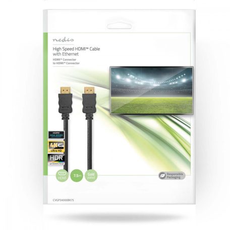 Nagy Sebességű HDMI ™ kábel Ethernet | HDMI™ Csatlakozó | HDMI™ Csatlakozó | 4K@30Hz | ARC | 10.2 Gbps | 7.50 m | Kerek | PVC | Fekete | Boríték