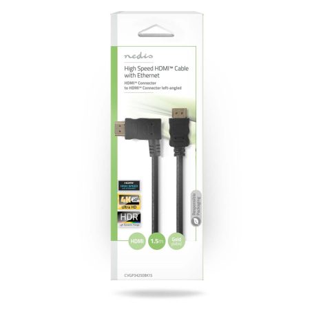 Nagy Sebességű HDMI ™ kábel Ethernet | Bal Hooked HDMI ™ csatlakozó | HDMI™ Csatlakozó | 4K@30Hz | 10.2 Gbps | 1.50 m | Kerek | PVC | Fekete | Boríték