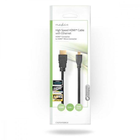 Nagy Sebességű HDMI ™ kábel Ethernet | HDMI™ Csatlakozó | HDMI™ Micro Csatlakozó | 4K@30Hz | 10.2 Gbps | 2.00 m | Kerek | PVC | Fekete | Boríték