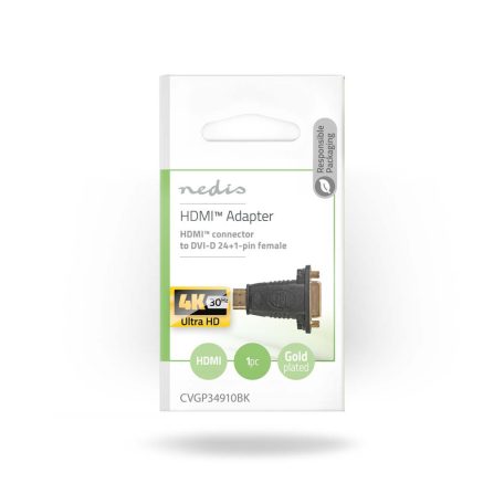 HDMI™ adapter | HDMI™ Csatlakozó | DVI-D 24+1-Pin Aljzat | Aranyozott | Egyenes | ABS | Fekete | 1 db | Műanyag Zacskó