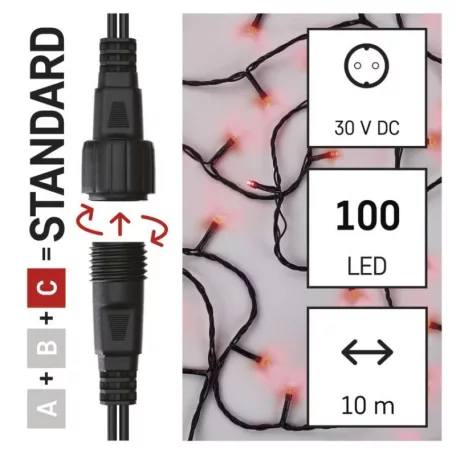 Standard LED sorolható karácsonyi füzér, 10 m, kültéri és beltéri, piros