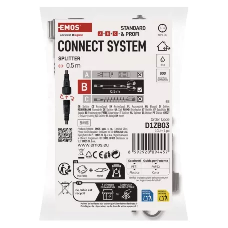 Elosztó sorolható Standard fény füzérekhez, fekete, 0,5 m, kültéri és beltéri