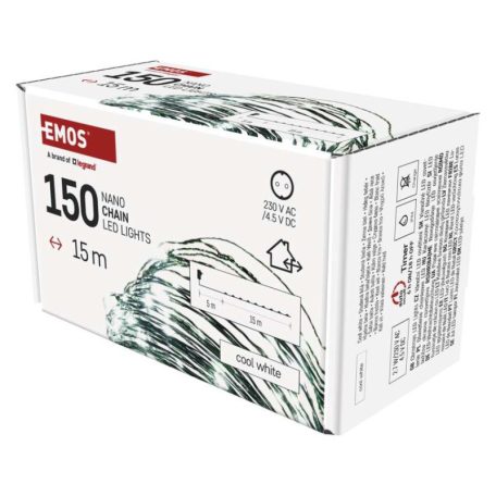 LED karácsonyi nano fényfüzér, zöld, 15 m, kültéri és beltéri, hideg fehér, időzítő