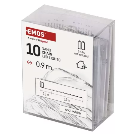 LED karácsonyi nano fényfüzér, ezüst, 0,9 m, 2x AA, beltéri, hideg fehér, időzítő