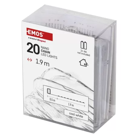 LED karácsonyi nano fényfüzér, 1,9 m, 2x AA, beltéri, hideg fehér, időzítő