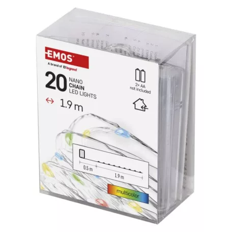 LED karácsonyi nano fényfüzér, 1,9 m, 2x AA, beltéri, többszínű, időzítő