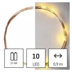   LED karácsonyi nano fényfüzér, réz, 0,9 m, 2x AA, beltéri, meleg fehér, időzítő