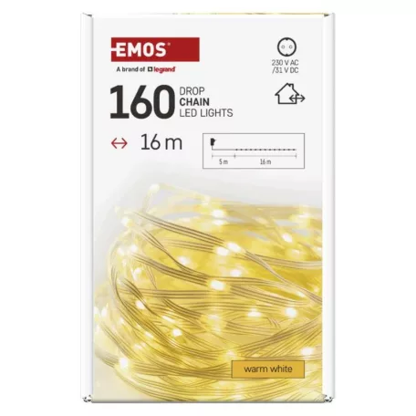 LED karácsonyi drop fényfüzér, 16 m, kültéri és beltéri, meleg fehér, időzítő