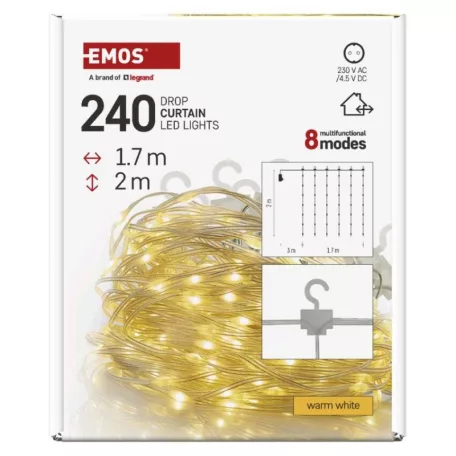 LED karácsonyi drop fényfüzér – fényfüggöny, 1,7x2 m, kültéri és beltéri, meleg fehér, pr.