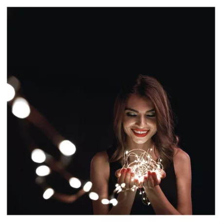 LED nano lánc napelemmel, réz, 12 m, kültéri és beltéri, hideg fehér, időzítő