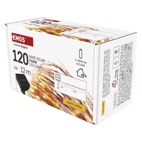 LED nano lánc napelemmel, réz, 12 m, kültéri és beltéri, meleg fehér, időzítő