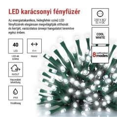   LED karácsonyi fényfüzér, 4 m, kültéri és beltéri, hideg fehér, progr, időz.