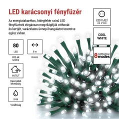   LED karácsonyi fényfüzér, 8 m, kültéri és beltéri, hideg fehér, progr, időz.