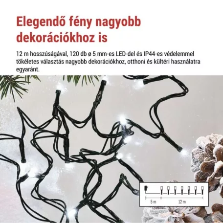 LED karácsonyi fényfüzér, 12 m, kültéri és beltéri, hideg fehér, progr, időz.