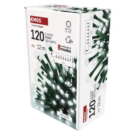 LED karácsonyi fényfüzér, 12 m, kültéri és beltéri, hideg fehér, progr, időz.