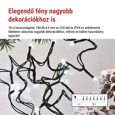 LED karácsonyi fényfüzér, 18 m, kültéri és beltéri, hideg fehér, progr, időz.