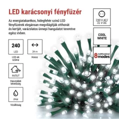   LED karácsonyi fényfüzér, 24 m, kültéri és beltéri, hideg fehér, progr, időz.