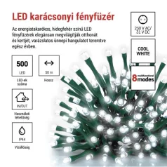   LED karácsonyi fényfüzér, 50 m, kültéri és beltéri, hideg fehér, progr, időz.