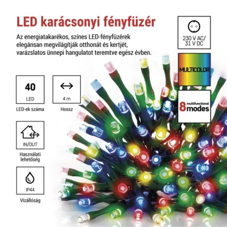 LED karácsonyi fényfüzér, 4 m, kültéri és beltéri, többszínű, progr, időz.