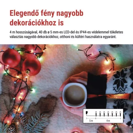 LED karácsonyi fényfüzér, 4 m, kültéri és beltéri, többszínű, progr, időz.