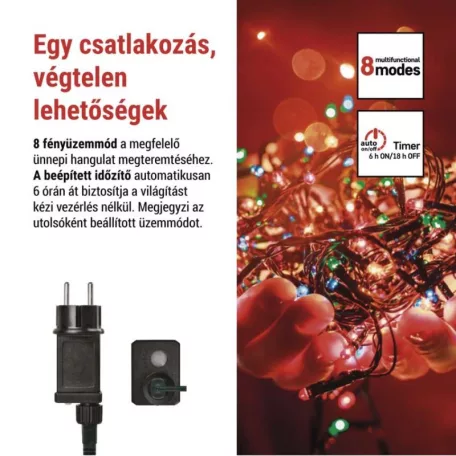 LED karácsonyi fényfüzér, 4 m, kültéri és beltéri, többszínű, progr, időz.