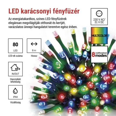 LED karácsonyi fényfüzér, 8 m, kültéri és beltéri, többszínű, progr, időz.