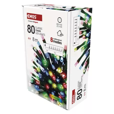 LED karácsonyi fényfüzér, 8 m, kültéri és beltéri, többszínű, progr, időz.