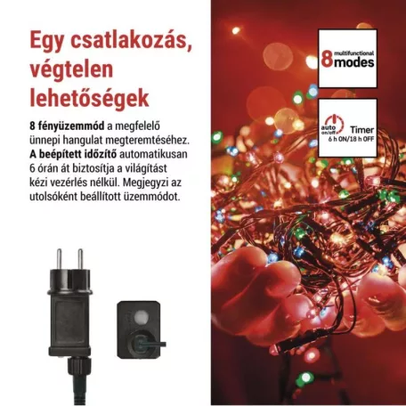 LED karácsonyi fényfüzér, 12 m, kültéri és beltéri, többszínű, progr, időz.