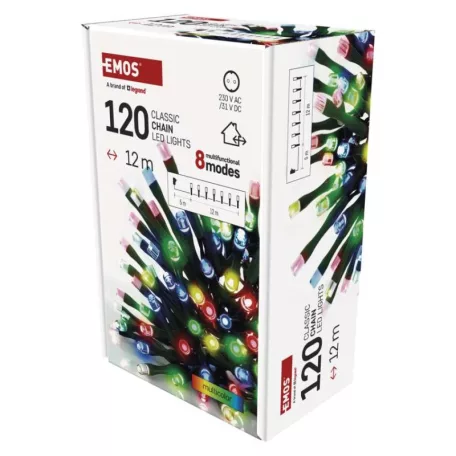 LED karácsonyi fényfüzér, 12 m, kültéri és beltéri, többszínű, progr, időz.