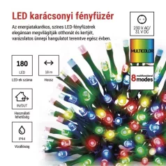   LED karácsonyi fényfüzér, 18 m, kültéri és beltéri, többszínű, progr, időz.