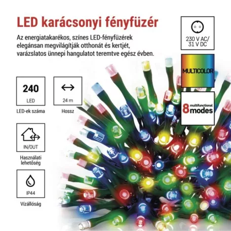 LED karácsonyi fényfüzér, 24 m, kültéri és beltéri, többszínű, progr, időz.