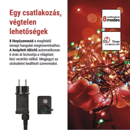 LED karácsonyi fényfüzér, 24 m, kültéri és beltéri, többszínű, progr, időz.