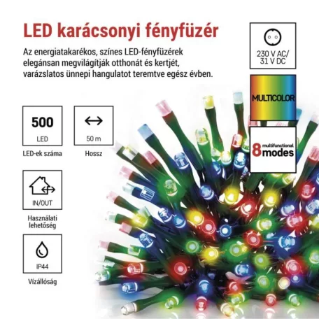 LED karácsonyi fényfüzér, 50 m, kültéri és beltéri, többszínű, progr, időz.