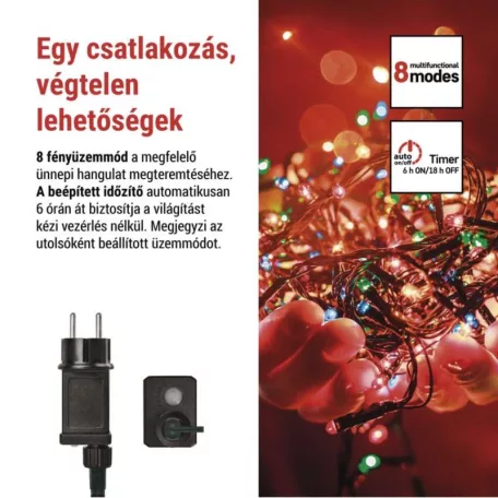 LED karácsonyi fényfüzér, 50 m, kültéri és beltéri, többszínű, progr, időz.