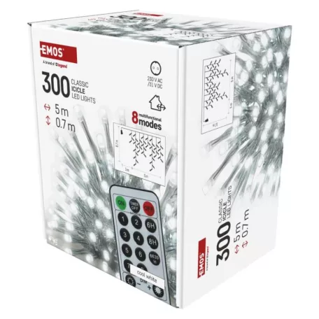 LED karácsonyi jégcsapok, 5 m, kültéri és beltéri, hideg fehér, távirányító, progr, időz.