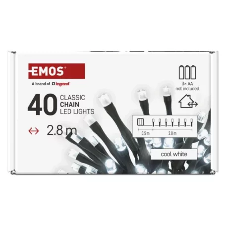 LED karácsonyi fényfüzér, 2,8 m, 3x AA, kültéri és beltéri, hideg fehér, időzítő