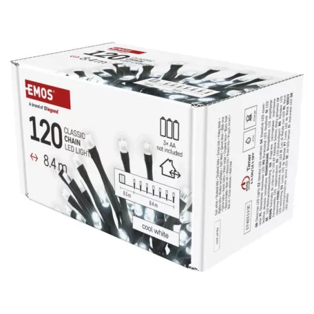 LED karácsonyi fényfüzér, 8,4 m, 3x AA, kültéri és beltéri, hideg fehér, időzítő