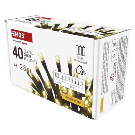 LED karácsonyi fényfüzér, 2,8 m, 3x AA, kültéri és beltéri, meleg fehér, időzítő