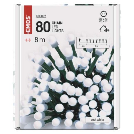 LED karácsonyi fényfüzér, cseresznye – golyók, 8 m, kültéri és beltéri, hideg fehér, időz.