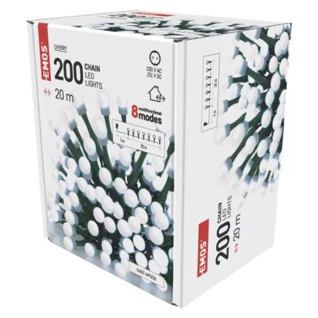 LED karácsonyi fényfüzér, cseresznye – golyók, 20 m, kültéri s beltéri, hideg fehér, progr