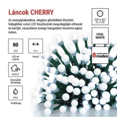   LED karácsonyi fényfüzér,cseresznye–golyók, 8 m,kültéri és beltéri,hideg fehér,progr,időz.