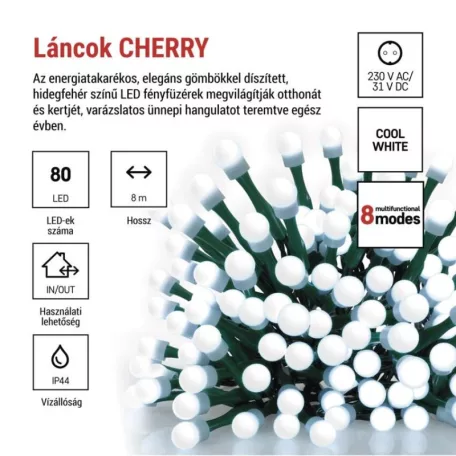 LED karácsonyi fényfüzér,cseresznye–golyók, 8 m,kültéri és beltéri,hideg fehér,progr,időz.