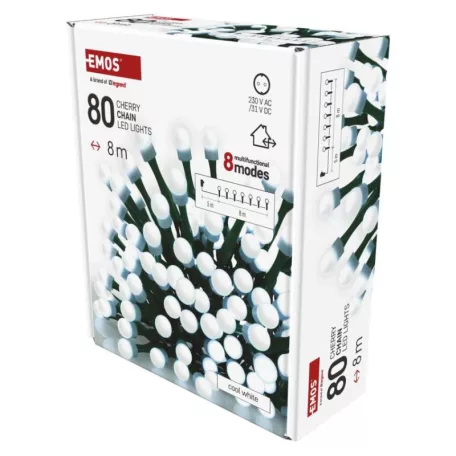 LED karácsonyi fényfüzér,cseresznye–golyók, 8 m,kültéri és beltéri,hideg fehér,progr,időz.