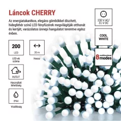   LED karácsonyi fényfüzér,cseresznye–golyók,20 m,kültéri és beltéri,hideg fehér,progr,időz