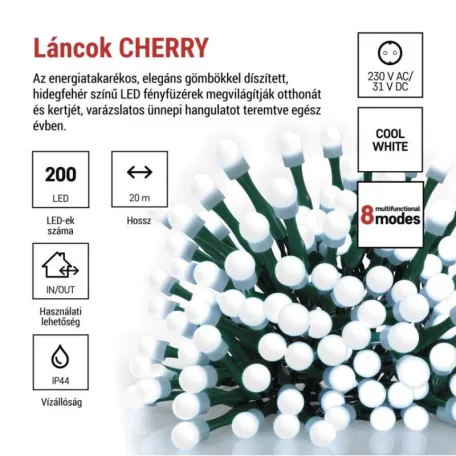 LED karácsonyi fényfüzér,cseresznye–golyók,20 m,kültéri és beltéri,hideg fehér,progr,időz